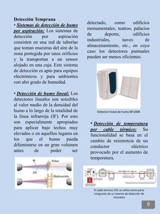 Detección Temprana
• Sistemas de detección de humo
por aspiración: Los sistemas de
detección por aspiración
consisten en una red de tuberías
que toman muestras del aire de la
zona protegida por unos orificios
y la transportan a un sensor
alojado en una caja. Este sistema
de detección es apto para equipos
electrónicos y para ambientes
con alto grado de humedad.
• Detección de humo lineal: Los
detectores lineales son sensibles
al valor medio de la densidad del
humo a lo largo de la totalidad de
la línea infrarroja (IF). Por esto
son especialmente apropiados
para aplicar bajo techos muy
elevados o en aquellos lugares en
los que el humo pueda
difuminarse en un gran volumen
antes de poder ser
detectado, como edificios
monumentales, teatros, palacios
de deporte, edificios
industriales, naves de
almacenamiento, etc., en cuyo
caso los detectores puntuales
pueden ser menos eficientes.
Detector lineal de humo BF100R
• Detección de temperatura
por cable térmico: Su
funcionalidad se basa en el
cambio de resistencia de un
conductor eléctrico
provocado por el aumento de
temperatura.
El cable térmico CDL se utiliza como parte
integrante de un sistema de detección de
incendios
9
 