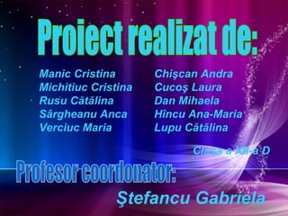 Proiect realizat de: Chi şcan Andra  Cucoş Laura  Dan Mihaela  Hîncu Ana - Maria  Lupu Cătălina Profesor coordonator: Ştefancu Gabriela Manic Cristina Michitiuc Cristina Rusu Cătălina Sârgheanu Anca Verciuc Maria Clasa a XII -a D 