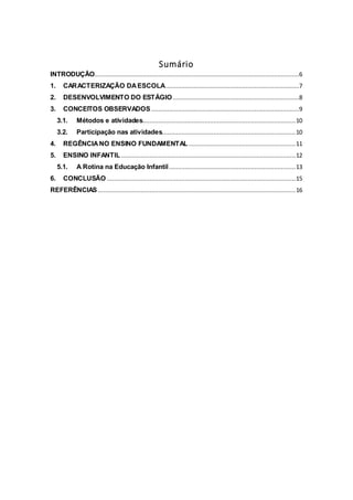 Sumário
INTRODUÇÃO...................................................................................................................6
1. CARACTERIZAÇÃO DAESCOLA...........................................................................7
2. DESENVOLVIMENTO DO ESTÁGIO.......................................................................8
3. CONCEITOS OBSERVADOS ...................................................................................9
3.1. Métodos e atividades......................................................................................10
3.2. Participação nas atividades...........................................................................10
4. REGÊNCIANO ENSINO FUNDAMENTAL ............................................................11
5. ENSINO INFANTIL..................................................................................................12
5.1. A Rotina na Educação Infantil.......................................................................13
6. CONCLUSÃO ..........................................................................................................15
REFERÊNCIAS...............................................................................................................16
 