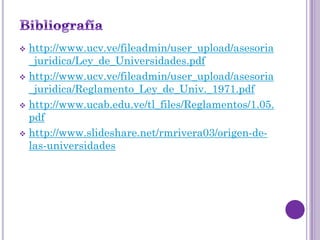  http://www.ucv.ve/fileadmin/user_upload/asesoria
  _juridica/Ley_de_Universidades.pdf
 http://www.ucv.ve/fileadmin/user_upload/asesoria
  _juridica/Reglamento_Ley_de_Univ._1971.pdf
 http://www.ucab.edu.ve/tl_files/Reglamentos/1.05.
  pdf
 http://www.slideshare.net/rmrivera03/origen-de-
  las-universidades
 