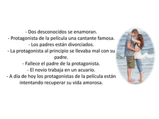 - Dos desconocidos se enamoran.
- Protagonista de la película una cantante famosa.
- Los padres están divorciados.
- La protagonista al principio se llevaba mal con su
padre.
- Fallece el padre de la protagonista.
- El novio trabaja en un acuario.
- A día de hoy los protagonistas de la película están
intentando recuperar su vida amorosa.