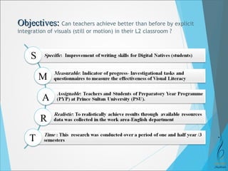 OObbjjeeccttiivveess:: Can teachers achieve better than before by explicit 
integration of visuals (still or motion) in their L2 classroom ? 
S 
M 
A 
R 
T 
 