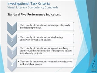 Investigational Task Criteria 
Visual Literacy Competency Standards 
Standard Five Performance indicators: 
 