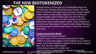 HOPEGIRLBLOG.COM FTWPROJECT.COM
THE NEW BIOTOKENIZED
ECONOMY
ALL REFERENCE LINKS AVAILABLE IN BLOG
Cryptocurrency, is now part of a worldwide scheme to
monitor your actions and control your money. This new
form of currency will require you to have a unique digital
wallet, which is essentially a digital ID. This currency is
programmable, which means they can shut off your
money or limit what you can do in society if you don’t
follow their social credit system, which is also being built
around us at Warp Speed. Programmable Digital Money is
an essential part of what they need to make their control
grid work.
Crypto Around the World:
-EU Digital Euro by this October
-Atlantic Council 137 countries preparing for crypto
-CBDC’s in advanced stages: China’s Digital Yuan, India’s e-
rupee, the United Kingdom’s Digital Pound, Brazil’s Digital
Real, and -Russia’s Digital Ruble.
-Hong Kong to launch a stable coin
-Japan to launch a Japanese Yen Stable coin this fall
-USA Stablecoin
 