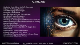 HOPEGIRLBLOG.COM FTWPROJECT.COM
SUMMARY
ALL REFERENCE LINKS AVAILABLE IN BLOG
-Biodigital Control Grid Real Life Examples
-Industry Technology Timeline
-List of Emerging Technologies
-Biodigital Convergence
-Biocyber Interfaces and Vaccine Fraud
-New Digital Health Ecosystem
-Medical Body Area Networks
-How they do it: Biosignals and Molecular Communication
-How to protect yourself from the Biodigital Convergence
-Human Digital Twins
-The New Biotokenized Economy
-Stable Coin, Genius Act and the AI Crypto Czar
-Datacenters
-Agentic AI to Control Governments
-Palantir, Lavender AI, Flock Safety
-Using Digital Twins and AI Agents in Smart Cities
-New Videos and Substack Articles
 