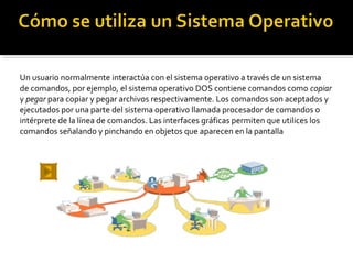Un usuario normalmente interactúa con el sistema operativo a través de un sistema
de comandos, por ejemplo, el sistema operativo DOS contiene comandos como copiar
y pegar para copiar y pegar archivos respectivamente. Los comandos son aceptados y
ejecutados por una parte del sistema operativo llamada procesador de comandos o
intérprete de la línea de comandos. Las interfaces gráficas permiten que utilices los
comandos señalando y pinchando en objetos que aparecen en la pantalla
 