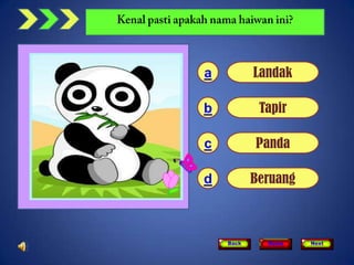 a          Landak

b           Tapir

c          Panda

d          Beruang



    Back     Home    Next
 