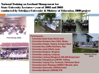 National Training on Lowland Management for
State University Lectures – year of 2002 and 2003
conducted by Sriwijaya University & Ministry of Education, HRD project

First Group 2002

Participants :
• Universitas Syiah Kuala, Banda Aceh
• Universitas Sumatera Utara (USU), Medan,
• Universitas Andalas, Padang, Sumatera Barat
• Univeritas Riau (UNRI) Pekanbaru, Riau
• Universitas Jambi (UNJA) Jambi
• Universitas Bengkulu, Bengkulu
• Universitas Lampung, Lampung
• Universitas Lambung Mangkurat (UNLAM) Banjarmasin
• Universitas Palangkaraya (UNPAR) Kalteng
• Universitas Tanjung Pura, Pontianak, Kalimantan Barat
• Universitas Syam Ratulangi (UNSRAT) Menado, Sulut
• Universitas Hasanuddin (UNHAS) Sulsel
• Universitas Mataram (UNRAM) NTB

Second Group
2003

 