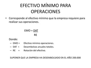 EFECTIVO MÍNIMO PARA
                 OPERACIONES
• Corresponde al efectivo mínimo que la empresa requiere para
  realizar sus operaciones.

              EMO = DAT
                    RE
  Donde:
   – EMO =    Efectivo mínimo operaciones.
   – DAT =    Desembolsos anuales totales.
   – RE =     Rotación del efectivo.

   SUPONER QUE LA EMPRESA HA DESEMBOLSADO EN EL AÑO 200.000
 