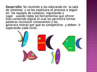 Desarrollo: Se reunirán a los educando en la sala 
de sistemas y se les explicara el proceso a seguir 
en los equipos de computo. Ingresando a 
jugar usando todas las herramientas que ofrece 
este contenido digital el cual les permitirá formar 
palabras reconocer consonantes y les 
generara interés por que es competitivo y deben ir 
superando cada nivel. 
bebe 
pez 
El 
es bonito 
 