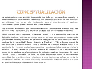 La lecto-escritura es un proceso fundamental que todo ser humano debe aprender y 
desarrollar puesto que la escritura y la lectura esta en el quehacer diario de todo individuo; 
convirtiéndose esta en un pilar fundamental para el entendimiento de cualquier 
conocimiento que se quiere transmitir o se quiere entender. 
Los siguientes postulados, nos muestra una posición muy parecida respecto sobre los 
procesos lecto - escriturales, y la influencia que tiene este proceso sobre el individuo: 
Néstor Antonio Pardo Rodríguez Profesional Titulado por la Universidad Nacional de 
Colombia; La lecto - escritura se concibe como la “forma de comunicación más compleja 
que posee el hombre y vehículo por excelencia de registro de las variaciones culturales y 
técnicas de la humanidad”. Según Downing y Thackray (1974), la lectura supone la 
traducción de la palabra impresa, tanto a sonidos de la lengua hablada como a su 
significado. Es reconocer la significación auditiva y semántica de las palabras escritas o 
impresas. La lecto - escritura, por tanto, consiste en la conexión de la representación 
gráfica de las palabras con el conocimiento del individuo, previo un pleno desarrollo neuro 
- psico - socio - lingüístico. Es decir, no puede presentarse como un procedimiento 
automático de evocación auditivo - articulatoria o copia de símbolos gráficos por medio de 
ejercitaciones práxico - manuales, sino como una manera de reflejar la realidad individual 
sin tener un interlocutor directamente enfrente de él. 
 