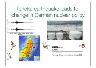 Tohoku earthquake leads to
change in German nuclear policy
                              



                 BBC News - Germany: Nuclear power plants to close by 2022                                                     12/05/2012 17:14




                 EUROPE
                 30 May 2011 Last updated at 13:25




                 Germany: Nuclear power plants to close by 2022

                 COMMENTS (542)
                 Germany's coalition government has announced a reversal of policy that will see all the country's nuclear power plants
                 phased out by 2022.

                 The decision makes Germany the biggest industrial power to announce plans to give up nuclear energy.

                 Environment Minister Norbert Rottgen made the announcement following late-night talks.

                 Chancellor Angela Merkel set up a panel to review nuclear power following the crisis at Fukushima in Japan.
 
