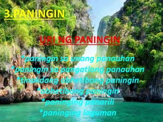 3.PANINGIN
URI NG PANINGIN
*paningin sa unang panauhan
*paningin sa pangatlong panauhan
*tinakdang obhetibong paningin
*obhetibong paningin
*paninging panarili
*paninging laguman
 
