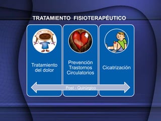 TRATAMIENTO FISIOTERAPÉUTICO




              Prevención
Tratamiento
               Trastornos         Cicatrización
 del dolor
              Circulatorios


              Post - Quirúrgico
 