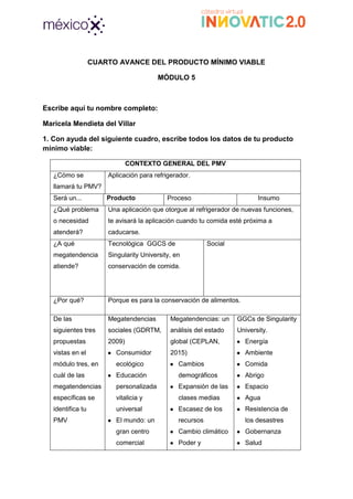 CUARTO AVANCE DEL PRODUCTO MÍNIMO VIABLE
MÓDULO 5
Escribe aquí tu nombre completo:
Maricela Mendieta del Villar
1. Con ayuda del siguiente cuadro, escribe todos los datos de tu producto
mínimo viable:
CONTEXTO GENERAL DEL PMV
¿Cómo se
llamará tu PMV?
Aplicación para refrigerador.
Será un... Producto Proceso Insumo
¿Qué problema
o necesidad
atenderá?
Una aplicación que otorgue al refrigerador de nuevas funciones,
te avisará la aplicación cuando tu comida esté próxima a
caducarse.
¿A qué
megatendencia
atiende?
Tecnológica GGCS de
Singularity University, en
conservación de comida.
Social
¿Por qué? Porque es para la conservación de alimentos.
De las
siguientes tres
propuestas
vistas en el
módulo tres, en
cuál de las
megatendencias
específicas se
identifica tu
PMV
Megatendencias
sociales (GDRTM,
2009)
● Consumidor
ecológico
● Educación
personalizada
vitalicia y
universal
● El mundo: un
gran centro
comercial
Megatendencias: un
análisis del estado
global (CEPLAN,
2015)
● Cambios
demográficos
● Expansión de las
clases medias
● Escasez de los
recursos
● Cambio climático
● Poder y
GGCs de Singularity
University.
● Energía
● Ambiente
● Comida
● Abrigo
● Espacio
● Agua
● Resistencia de
los desastres
● Gobernanza
● Salud
 