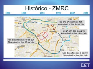 Histórico - ZMRC 2007 1998 1993 1988 1986 2008 Nos dias úteis das 6 às 21h Nos sábados das 8 às 14h Nos dias úteis das 10 às 20h Nos sábados das 10 às 14h De 2ª a 6ª das 9h às 19h Aos sábados das 9h às 13h De 2ª a 6ª das 5 às 21h Aos sábados das 10 às 14h 