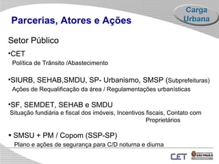 Parcerias, Atores e Ações Setor Público CET Política de Trânsito /Abastecimento   SIURB, SEHAB,SMDU, SP- Urbanismo, SMSP ( Subprefeituras) Ações de Requalificação da área / Regulamentações urbanísticas SF, SEMDET, SEHAB e SMDU Situação fundiária e fiscal dos imóveis, Incentivos fiscais, Contato com  Proprietários   SMSU + PM / Copom (SSP-SP) Plano e ações de segurança para C/D noturna e diurna 