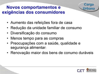 Novos comportamentos e exigências dos consumidores Aumento das refeições fora de casa Redução da unidade familiar de consumo Diversificação do consumo Menos tempo para as compras Preocupações com a saúde, qualidade e segurança alimentar : Renovação maior dos bens de conumo duráveis  