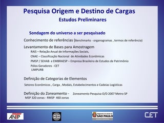 Pesquisa Origem e Destino de Cargas  Estudos Preliminares Sondagem do universo a ser pesquisado Conhecimento de referências ( Benchmarks - organogramas , termos de referência) Levantamento de Bases para Amostragem Definição de Categorias de Elementos Setores Econômicos , Carga , Modais, Estabelecimentos e Cadeias Logísticas Definição do Zoneamento -  Zoneamento Pesquisa O/D 2007 Metro SP MSP 320 zonas - RMSP  460 zonas RAIS – Relação Anual de Informações Sociais,  CNAE – Classificação Nacional  de Atividades Econômicas  PMSP / SEHAB  e EMBRAESP – Empresa Brasileira de Estudos de Patrimônio Pólos Geradores - CET LIMPURB 