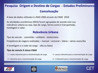 Conceituação A base de dados utilizada é a RAIS 2006 através da CNAE  2010 As atividades econômicas (RAIS) foram agrupadas de acordo com sua relevância urbana ou seja, tipo de carga, forma como é transportada, tonelagem e valor. Relevância Urbana Freqüência de viagens realizadas – mensal – semanal – diária – várias vezes/dia A tonelagem e o valor da carga  - alta ou baixa 1 – muito relevante para a movimentação de carga Tipo de veículo -  caminhão – utilitário - motocicleta Tipo de veículo X classe CNAE 2– relevante para a movimentação de carga 3 – pouco relevante para a movimentação de carga 4 – irrelevante para a movimentação de carga Pesquisa  Origem e Destino de Cargas  - Estudos Preliminares 