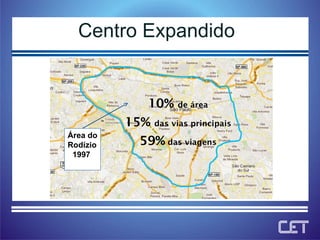 Centro Expandido  10%  de área 15%  das vias principais 59%  das viagens Área do  Rodízio 1997   