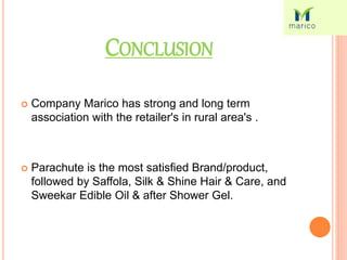 CONCLUSION
 Company Marico has strong and long term
association with the retailer's in rural area's .
 Parachute is the most satisfied Brand/product,
followed by Saffola, Silk & Shine Hair & Care, and
Sweekar Edible Oil & after Shower Gel.
 