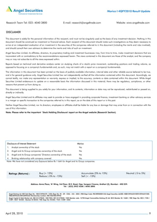 Marico I 4QFY2010 Result Update



Research Team Tel: 022- 4040 3800                                          E-mail: research@angeltrade.com                                       Website: www.angeltrade.com


DISCLAIMER

This document is solely for the personal information of the recipient, and must not be singularly used as the basis of any investment decision. Nothing in this
document should be construed as investment or financial advice. Each recipient of this document should make such investigations as they deem necessary to
arrive at an independent evaluation of an investment in the securities of the companies referred to in this document (including the merits and risks involved),
and should consult their own advisors to determine the merits and risks of such an investment.

Angel Securities Limited, its affiliates, directors, its proprietary trading and investment businesses may, from time to time, make investment decisions that are
inconsistent with or contradictory to the recommendations expressed herein. The views contained in this document are those of the analyst, and the company
may or may not subscribe to all the views expressed within.

Reports based on technical and derivative analysis center on studying charts of a stock's price movement, outstanding positions and trading volume, as
opposed to focusing on a company's fundamentals and, as such, may not match with a report on a company's fundamentals.

The information in this document has been printed on the basis of publicly available information, internal data and other reliable source believed to be true,
and is for general guidance only. Angel Securities Limited has not independently verified all the information contained within this document. Accordingly, we
cannot testify, nor make any representation or warranty, express or implied, to the accuracy, contents or data contained within this document. While Angel
Securities Limited endeavours to update on a reasonable basis the information discussed in this material, there may be regulatory, compliance, or other
reasons that prevent us from doing so.

This document is being supplied to you solely for your information, and its contents, information or data may not be reproduced, redistributed or passed on,
directly or indirectly.

Angel Securities Limited and its affiliates may seek to provide or have engaged in providing corporate finance, investment banking or other advisory services
in a merger or specific transaction to the companies referred to in this report, as on the date of this report or in the past.

Neither Angel Securities Limited, nor its directors, employees or affiliates shall be liable for any loss or damage that may arise from or in connection with the
use of this information.
Note: Please refer to the important `Stock Holding Disclosure' report on the Angel website (Research Section).




 Disclosure of Interest Statement                                                            Marico
 1.    Analyst ownership of the stock                                                           No
 2.    Angel and its Group companies ownership of the stock                                     No
 3.    Angel and its Group companies’ Directors ownership of the stock                          No
 4. Broking relationship with company covered                                No
 Note: We have not considered any Exposure below Rs 1 lakh for Angel and its Group companies.




                                Address: Acme Plaza, ‘A’ Wing, 3rd Floor, M.V. Road, Opp. Sangam Cinema, Andheri (E), Mumbai - 400 059.
                                                                    Tel : (022) 3952 4568 / 4040 3800



    Angel Broking Ltd: BSE Sebi Regn No : INB 010996539 / CDSL Regn No: IN - DP - CDSL - 234 - 2004 / PMS Regn Code: PM/INP000001546 Angel Securities Ltd:BSE: INB010994639/INF010994639 NSE:
    INB230994635/INF230994635 Membership numbers: BSE 028/NSE:09946
    Angel Capital & Debt Market Ltd: INB 231279838 / NSE FNO: INF 231279838 / NSE Member code -12798 Angel Commodities Broking (P) Ltd: MCX Member ID: 12685 / FMC Regn No: MCX / TCM /
    CORP / 0037 NCDEX : Member ID 00220 / FMC Regn No: NCDEX / TCM / CORP / 0302




April 28, 2010                                                                                                                                                                              9
 