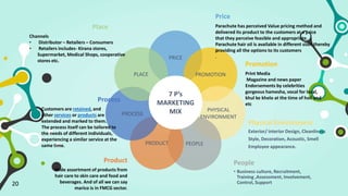 20
PRICE
PROMOTION
PHYSICAL
ENVIRONMENT
PEOPLEPRODUCT
PROCESS
PLACE
7 P’s
MARKETING
MIX
Place
Channels
• Distributor – Retailers – Consumers
• Retailers includes- Kirana stores,
Supermarket, Medical Shops, cooperative
stores etc.
Product
Wide assortment of products from
hair care to skin care and food and
beverages. And of all we can say
marico is in FMCG sector.
Process
Customers are retained, and
other services or products are
extended and marked to them.
The process itself can be tailored to
the needs of different individuals,
experiencing a similar service at the
same time.
Promotion
Print Media
Magazine and news paper
Endorsements by celebrities
gorgeous hamesha, vocal for local,
khul ke khelo at the time of holi and
etc
Price
Parachute has perceived Value pricing method and
delivered its product to the customers at a price
that they perceive feasible and appropriate.
Parachute hair oil is available in different sizes thereby
providing all the options to its customers
.
People
• Business culture, Recruitment,
Training ,Assessment, Involvement,
Control, Support
Physical Environment
Exterior/ interior Design, Cleanliness
Style, Decoration, Acoustic, Smell
Employee appearance.
 