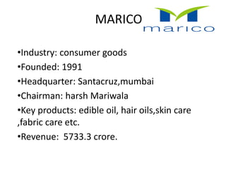 MARICO
•Industry: consumer goods
•Founded: 1991
•Headquarter: Santacruz,mumbai
•Chairman: harsh Mariwala
•Key products: edible oil, hair oils,skin care
,fabric care etc.
•Revenue: 5733.3 crore.
 