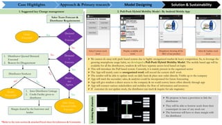 2. Pull-Push Hybrid Mobility Model : By Android Mobile App
Select Current stock
level
Display available self
stock
Dropdown showing all the
SKU of any product
Select & Update stock
level
 We cannot do away with push based system due to highly unorganized market & heavy competition. So, to leverage the
growing smartphone usage habit, we developed a Pull-Push Hybrid Mobility Model. The mobile based app will be
available for all the distributors, retailors & will have separate access level based on login.
 This will introduce the Pull based system. Currently, it is mainly present in the organized sector
 The App will mainly cater to unorganized retail; will record the current shelf stock
 The retailor will be able to update stock on daily basis & place new order directly. Visible up to the company
 App will track the secondary sales, & analytics could be incorporated for future forecasting
 App will give retailors a direct access to the company & we could convey latest offers directly through app
 App will connect various stakeholders and mobilize the flow of information and inventory
 If customer do not update stock, the distributor can track & inquire for sale stagnancy.
Sales Team Forecast &
Distributor Requirements
Demand
=
Forecast
Demand
>
Forecast
1. Distributor Quoted Demand
Executed
2. Reason for Disagreement
Distribu
tor
Agrees
Distributor Stockout
1. Inter Distributor Linkage
2. Credit Facility given to
distributor
Margin shared by the burrower and
lender.
Model
Successful
Sales Team
Quoted Order
Executes
Order
Executed
Yes
No
No
Yes
Yes
1. Suggested key Change management
 They will be able to borrow stock from their
counterpart in case of any stock out
 The borrower will have to share margin with
the distributor
 We propose to have a provision to link the
distributors
3.Linkingthechannels
*Refer to the note section & attached Excel sheet for references & Comments
Case Highlights Approach & Primary research Model Designing Solution & Sustainability
 