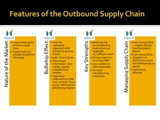 NatureoftheMarket
• Fragmented nature
of Indian supply
chain
• Supply chain can
provide competitive
advantage
BullwhipEffect
• Only 2% -
represents
organized retail
stores(tiny grocery
stores)
• 95% : Kirana stores
• Point of sale
information – Not
readily, directly
available from
retailers
• Sales data –
collected from field
test, customer focus
group, well financed
advertising program KeyStrengths
• Relatively low
commodity Raw
material such as
Vegetable
oil, safflower seeds
• Strong control on
sourcing of RM
• Less variation in
sales seasonality
• No major
manufacturing
constraints
ManagingSupplyChain
• Slow moving SKUs
– shipped directly
from factories to
depots
• Fast moving SKUs –
shipped to re
distribution centre
and subsequently to
depots
• Distribution
Alliances
 