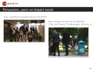 Pour nettoyer un parc de ses déchets ( “The Fun Theory” / Volkswagen. 90 livres +) Persuasion…pour un impact social Pour  prendre les escaliers (hausse de 66%!) 