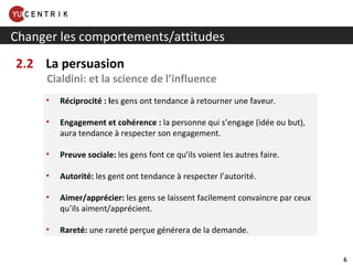 2.2  La persuasion Cialdini: et la science de l’influence Changer les comportements/attitudes Réciprocité : l es gens ont tendance à retourner une faveur. Engagement et cohérence :  la personne qui s’engage (idée ou but), aura tendance à respecter son engagement. Preuve sociale:  les gens font ce qu’ils voient les autres faire. Autorité:  les gent ont tendance à respecter l’autorité. Aimer/apprécier:  les gens se laissent facilement convaincre par ceux qu’ils aiment/apprécient.  Rareté:  une rareté perçue générera de la demande. 