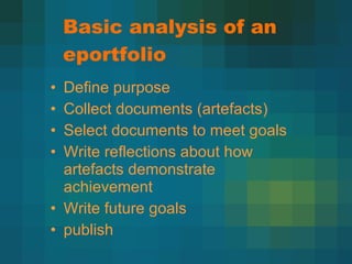 Basic analysis of an eportfolio Define purpose Collect documents (artefacts) Select documents to meet goals Write reflections about how artefacts demonstrate achievement Write future goals publish 