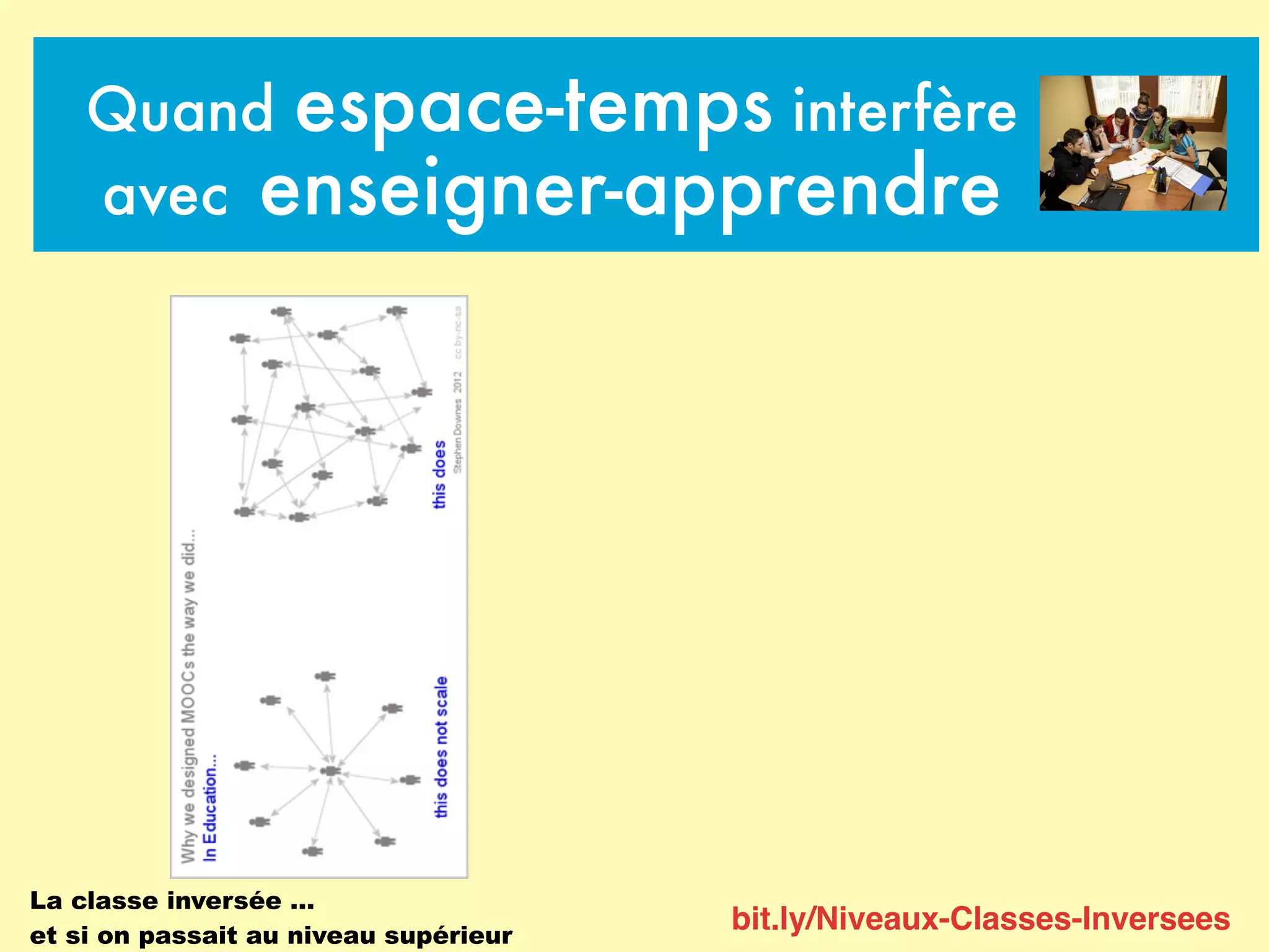 Quand espace-temps interfère
avec enseigner-apprendre
bit.ly/Niveaux-Classes-Inversees
La classe inversée …
et si on passait au niveau supérieur
 