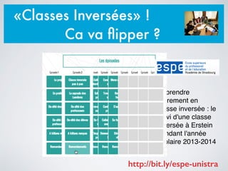 «Classes Inversées» !
Ca va ﬂipper ?
Apprendre
autrement en
classe inversée : le
suivi d'une classe
inversée à Erstein
pendant l'année
scolaire 2013-2014
http://bit.ly/espe-unistra
 