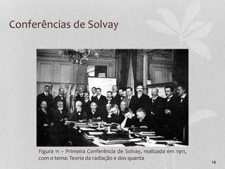 14
Conferências de Solvay
Figura 11 – Primeira Conferência de Solvay, realizada em 1911,
com o tema: Teoria da radiação e dos quanta
 