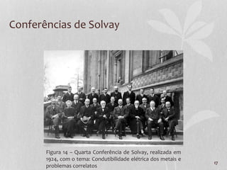 17
Conferências de Solvay
Figura 14 – Quarta Conferência de Solvay, realizada em
1924, com o tema: Condutibilidade elétrica dos metais e
problemas correlatos
 
