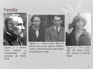5
Família
Figura 3 – Pierre
Curie, esposo e
companheiro de
pesquisa de Marie
Curie.
Figura 5 – Ève Curie,
filha de Marie Curie.
Não venceu o prêmio
Nobel
Figura 4 – Irène Curie, filha de
Marie Curie e seu esposo Frédéric
Joliot, ambos laureados pelo Nobel
de Química em 1935
 