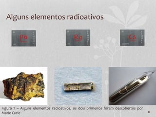 8
Alguns elementos radioativos
Figura 7 – Alguns elementos radioativos, os dois primeiros foram descobertos por
Marie Curie
 
