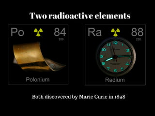 Two radioactive elements
Both discovered by Marie Curie in 1898
 