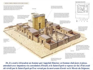 Or, il y avait à Jérusalem un homme qui s'appelait Siméon; cet homme était juste et pieux,
attendant avec impatience la consolation d'Israël, et le Saint-Esprit se reposa sur lui. Il lui avait
été révélé par le Saint-Esprit qu'il ne verrait pas la mort avant d'avoir vu le Messie du Seigneur.
 