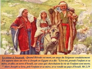 Le retour à Nazareth - Quand Hérode est mort, un ange du Seigneur soudainement
Est apparu dans un rêve à Joseph en Egypte et a dit: "Lève-toi, prends l'enfant et sa
mère, et allez en terre d'Israël, car ceux qui cherchaient la vie de l'enfant sont morts.
" Alors Joseph se leva, prit l'enfant et sa mère, et se rendit au pays d'Israël. Mt 2,19
 