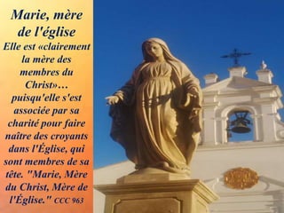 Marie, mère
de l'église
Elle est «clairement
la mère des
membres du
Christ»…
puisqu'elle s'est
associée par sa
charité pour faire
naître des croyants
dans l'Église, qui
sont membres de sa
tête. "Marie, Mère
du Christ, Mère de
l'Église." CCC 963
 