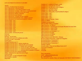 LISTA DE PRESENTACIONES EN ESPAÑOL
Abuelos
Adviento y Navidad, tiempo de esperanza
Amor y Matrimonio 1 atracción natural
Amor y Matrimonio 2 crecer hasta la madurez sexual
Amor y Matrimonio 3 sicología – diferencias y complementariedad
Amor y Matrimonio 4 origen de la atracción sexual
Amor y Matrimonio 5 liberta e intimidad
Amor y Matrimonio 6 amor humano
Amor y Matrimonio 7 el destino del amor humano
Amor y Matrimonio 8 matrimonio entre cristianos creyentes
Amor y Matrimonio 9 el vinculo matrimonial de cristianos
Amoris Laetitia – cap 1
Amoris Laetitia – cap 2
Amoris Laetitia – cap 3
Amoris Laetitia – cap 4
Amoris Laetitia – cap 5
Amoris Laetitia – cap 6
Amoris Laetitia – cap 7
Amoris Laetitia – cap 8
Amoris Laetitia – cap 9
Amoris Laetitia – introducción general
Carnaval
Cristo Vive
Domingo – día del Señor
El camino de la cruz de JC en dibujos para niños
El Cuerpo, el culto – (eucaristía)
Espíritu Santo
Evangelii Gaudium cap 1- 5
Familiaris Consortio (FC) 1 – iglesia y familia hoy
Familiaris Consortio (FC) 2 - el plan de Dios para la familia
Familiaris Consortio (FC) 3 – 1 – familia como comunidad
Familiaris Consortio (FC) 3 – 2 – servicio a la vida y educación
Familiaris Consortio (FC) 3 – 3 – misión de la familia en la sociedad
Familiaris Consortio (FC) 3 – 4 - participación de la familia en la iglesia
Familiaris Consortio (FC) 4 Pastoral familiar
Fátima – Historia de las Apariciones de la Virgen
Feria de Sevilla
Haurietis aquas – el culto al Sagrado Corazón
Hermandades y cofradías
Hispanidad
Laudato si 1 – cuidado del hogar común
Laudato si 2 – evangelio de creación
Laudato si 3 – La raíz de la crisis ecológica
Laudato si 4 – ecología integral
Laudato si 5 – líneas de acción
Laudato si 6 – Educación y Espiritualidad Ecológica
Lumen Fidei – cap 1
Lumen Fidei – cap 2
Lumen Fidei – cap 3
Lumen Fidei – cap 4
Madre Teresa de Calcuta – Santa
María y la Biblia
Medjugore peregrinación
Misericordiae Vultus en Español
Papa Francisco en México
Papa Francisco – mensaje para la Jornada Mundial Juventud 2016
Papa Francisco – visita a Chile
Papa Francisco – visita a Perú
Papa Francisco en Colombia 1 + 2
Papa Francisco en Cuba
Papa Francisco en Fátima
Papa Francisco en Irak
Papa Francisco en la JMJ 2016 – Polonia
Resurrección de Jesucristo – según los Evangelios
Revolución Rusa y Comunismo 1
Revolución Rusa y comunismo 2
Revolución Rusa y Comunismo 3
Santiago Apóstol
Semana santa – Vistas de las últimas horas de JC
Vacaciones Cristianas
Valentín
Vocación
Para comentarios –
email – mflynn@legionaries.org
fb – martin flynn roe
Para donativos, manda a Banco de Santander ES3700491749852910000635
 