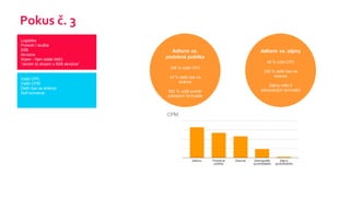 Pokus č. 3
Adform vs. zájmy
46 % nižší CPC
230 % delší čas na stránce
Zájmy měly 0 zobrazených formulářů
Logistika
Produkt / služba
B2B
Akvizice
Srpen - říjen (stále běží)
“Jenom to zkusim u B2B akvizice”
Vyšší CPC
Vyšší CPM
Delší čas na stránce
Soft konverze
Adform vs.
podobná publika
168 % vyšší CPC
43 % delší čas na
stránce
583 % vyšší poměr
zobrazení formuláře
Adform vs. zájmy
46 % nižší CPC
230 % delší čas na
stránce
Zájmy měly 0
zobrazených formulářů
 