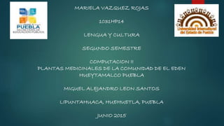 MARIELA VAZQUEZ ROJAS
1031HP14
LENGUA Y CULTURA
SEGUNDO SEMESTRE
COMPUTACION II
PLANTAS MEDICINALES DE LA COMUNIDAD DE EL EDEN
HUEYTAMALCO PUEBLA
MIGUEL ALEJANDRO LEON SANTOS
LIPUNTAHUACA, HUEHUETLA, PUEBLA
JUNIO 2015
 
