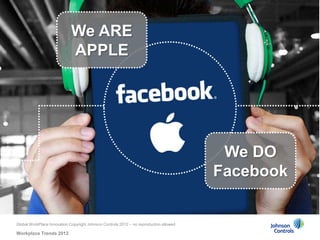We ARE
                             APPLE




                                                                                         We DO
                                                                                        Facebook


Global WorkPlace Innovation Copyright Johnson Controls 2012 – no reproduction allowed

Workplace Trends 2012
 