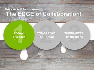Research & Innovation
The EDGE of Collaboration!



    1 2 3
     TODAY:
    The edge
                   TOMORROW:
                    The Threats
                                  THEREAFTER:
                                   Implications
 