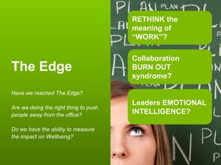 RETHINK the
                                                                                        meaning of
                                                                                        “WORK”?

                                                                                        Collaboration
The Edge                                                                                BURN OUT
                                                                                        syndrome?

Have we reached The Edge?
                                                                                        Leaders EMOTIONAL
Are we doing the right thing to push
people away from the office?                                                            INTELLIGENCE?

Do we have the ability to measure
the impact on Wellbeing?


Global WorkPlace Innovation Copyright Johnson Controls 2012 – no reproduction allowed

Workplace Trends 2012
 